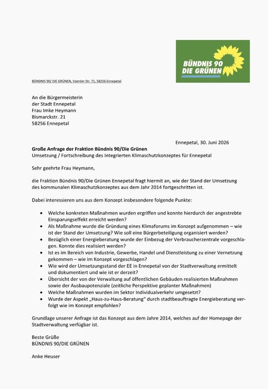 Unsere Anfrage zum Klimaschutz in Ennepetal